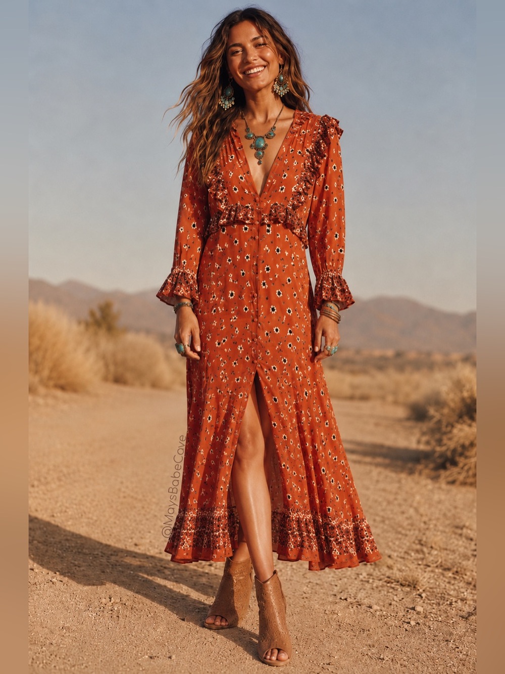 Free People Rust Boho Printed Ruffle Longline Duster - Picture 3 of 16